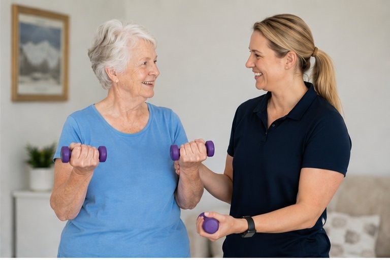 Female exercise physiologist helping an elderly woman lift dumbbells at home