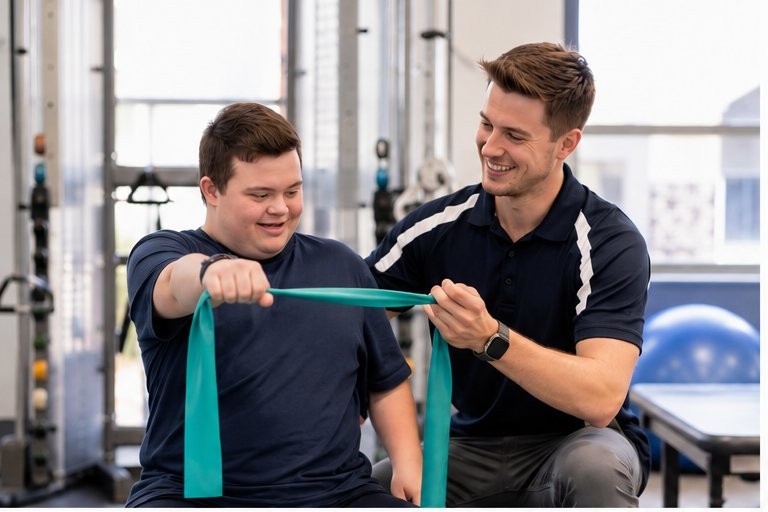 Exercise physiologist helping a young man with Down syndrome with resistance band exercises in a gym